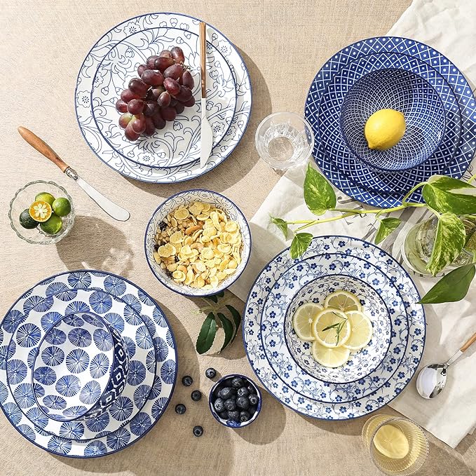 Selamica Ceramic Dinnerware Sets, 12-Pieces Plates and Bowls Sets, Scratch Resistant Dishes set for 4, Dishwasher & Microwave Safe,Vintage Blue