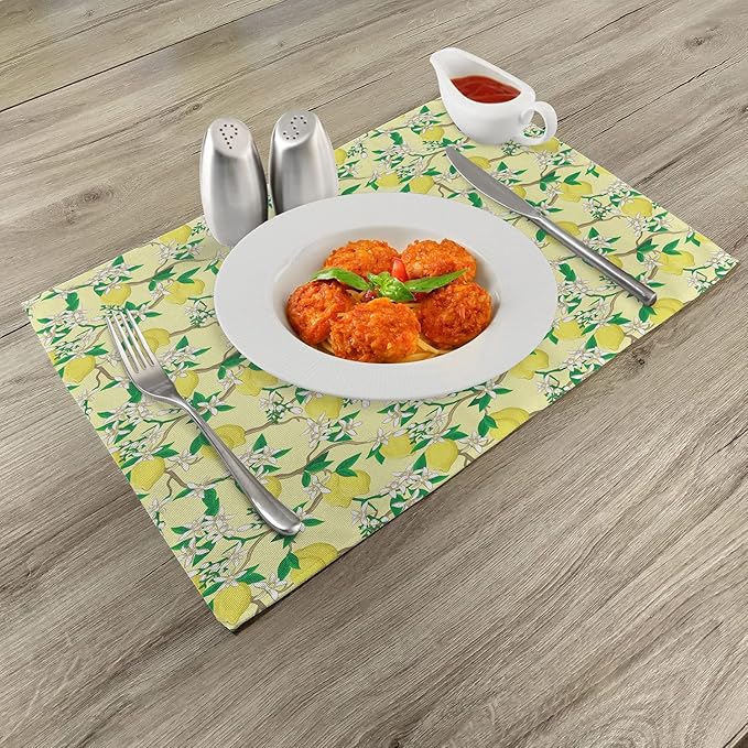 Ambesonne Lemons Place Mats Set of 4, Blooming Lemon Flowers on Tree Branches with Buds and Ripe Fruits, Washable Fabric Placemats for Dining Table, Standard Size, Yellow Fern