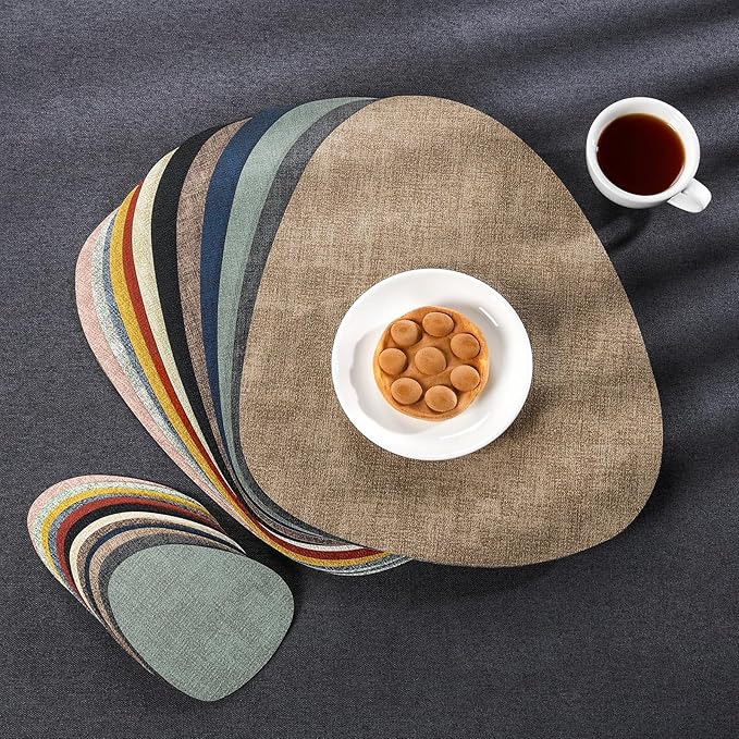Placemats and Coasters, Washable Reversible Placemats Round Faux Leather Wipeable Place Mats Non Slip Heat Resistant Indoor Outdoor Table Mats (Set of 4, Gray Terracotta)