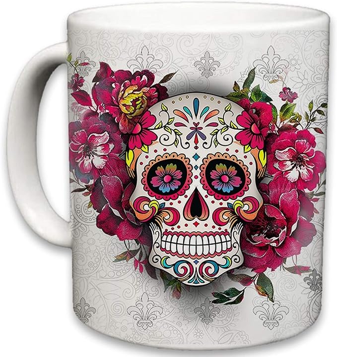 Sweet Gisele Sugar Skull Ceramic Mug, Floral Print Coffee Cup, Day of the Dead Design, Beautiful Vivid Colors, Great Novelty Gifts 11 Fl Oz White