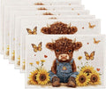 Cute Highland Cow Table Placemats Set of 6,Non-Slip Rustic Sunflower Butterfly Fabric Placemats for Dining Room Kitchen Party Holiday, Indoor Cloth Table Mats for Home Decor 11.8x17.7 Inch