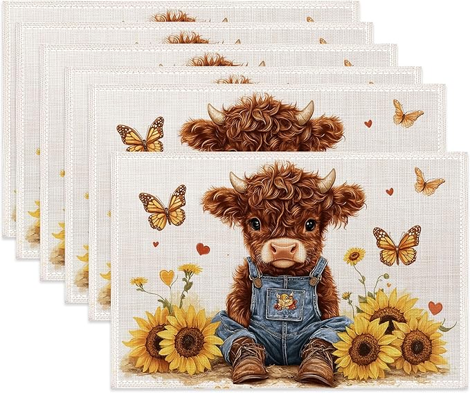 Cute Highland Cow Table Placemats Set of 6,Non-Slip Rustic Sunflower Butterfly Fabric Placemats for Dining Room Kitchen Party Holiday, Indoor Cloth Table Mats for Home Decor 11.8x17.7 Inch