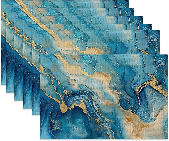 Blue Gold Marble Table Placemats Set of 6,Non-Slip Modern Abstract Fabric Placemats for Dining Room Kitchen Party Holiday, Indoor Cloth Table Mats for Home Decor 11.8x17.7 Inch
