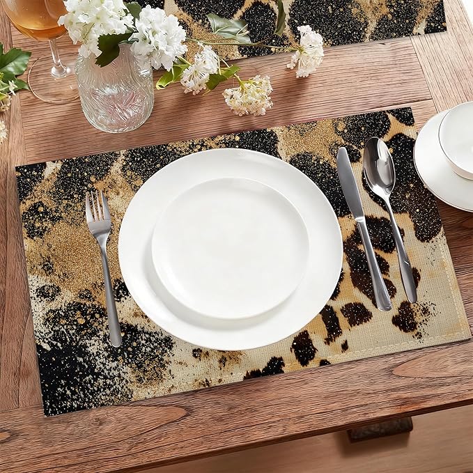 Vintage Leopard Print Fabric Placemats,Gold Glitter Table Placemats Set of 6 Cloth Place Mats, Washable Heat-Resistant Table Mats for Home Kitchen Dining Room Decoration 11.8x17.7 Inch