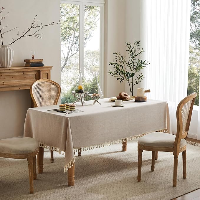 Linen Tablecloth with Tassels, Farmhouse Style Beige Tablecloth, Water Resistant Burlap Tablecloths for Rectangle Table, 60x120 Inch Natural