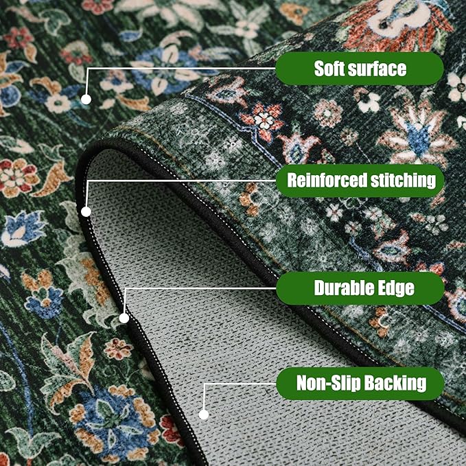Dark Green Area Rug Entryway Rugs for Bedroom Bathroom Kitchen - 2x3 Small Soft Rugs Low Pile Keep Off Rug Carpet Washable Rug Oriental Indoor Boho Area Rug Cute