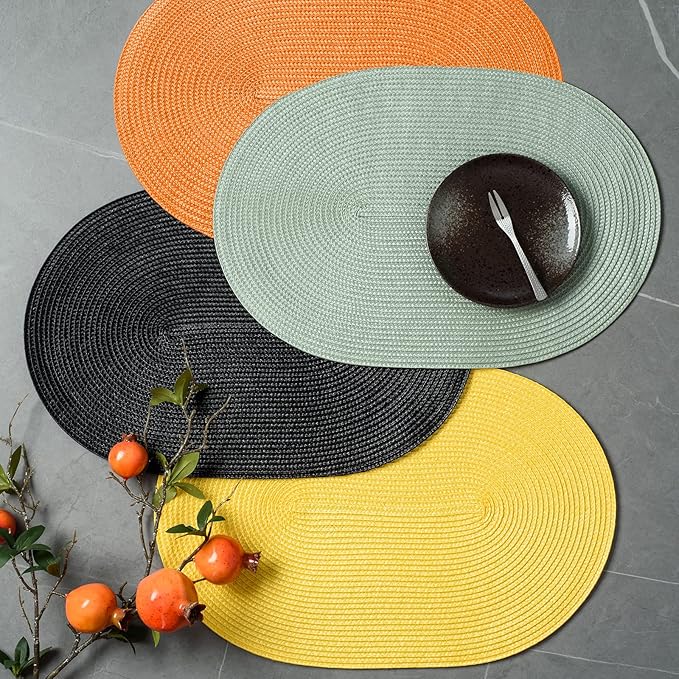 FunWheat Oval Braided Placemats Set of 6 Table Mats for Dining Tables Washable Heat Resistant Place mats for Daily Use12 x18 Inch (Oval Yellow, 6pcs)
