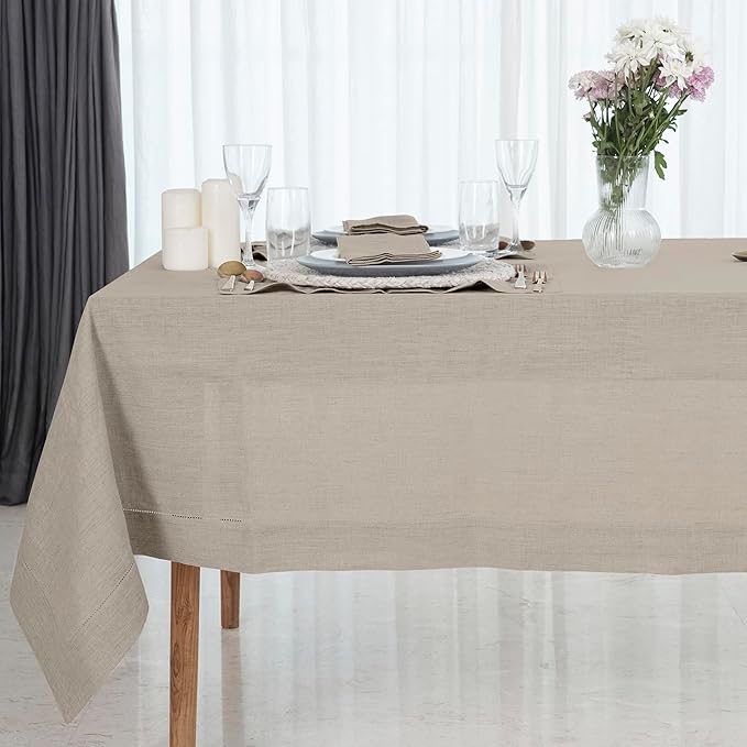 D'Moksha Homes Natural Linen Tablecloth for Rectangle Tables 60 x 84 Inch - Classic Hemstitch 100% Pure Linen Natural Table Cloth - Machine Washable Dining Tablecloth for Valentines, Spring, Easter