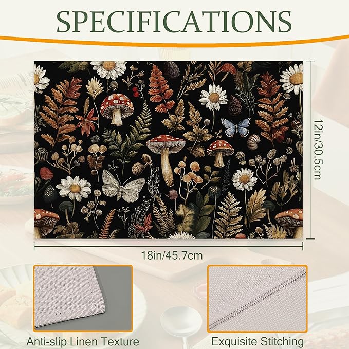 Cloth Placemats,Forest Mushroom Fabric Placemats Set of 6,Washable Rustic Herb Leaf Wildflower Table Mats,Decorative Place Mats for Dining Home Kitchen Holiday Party 11.8x17.7 Inch