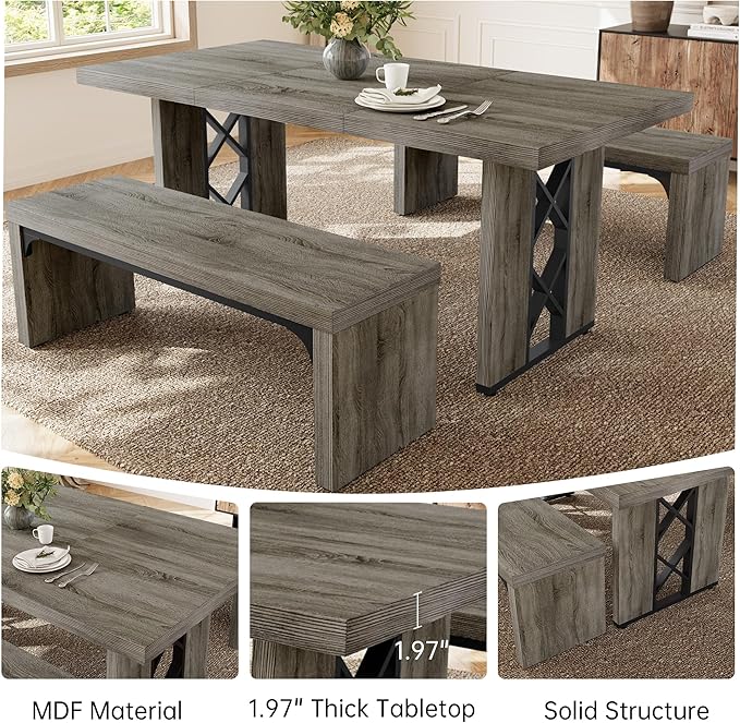 3-Piece Dining Table Set for 6 People, 70.8'' Rectangle Kitchen Table with 2 Benches for Breakfast Nook, Dining Room Furniture(Grey Table+2 Benches)