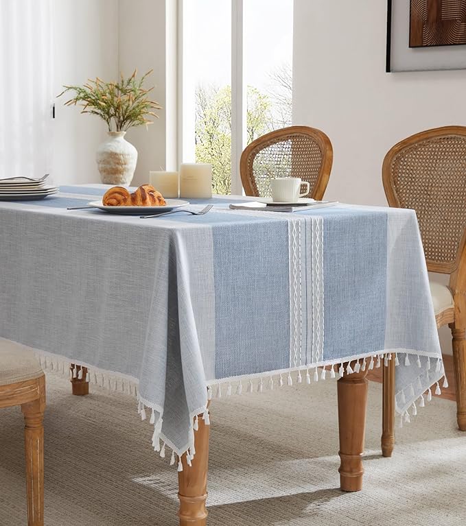 ZeeMart Contrast Linen Table Cloth Square Table Cloths 52x52 Inch Mid-Stripe Blue, Farmhouse Style Heavy Weight Dusty Blue Tablecloth, Water Resistant Burlap Tablecloths