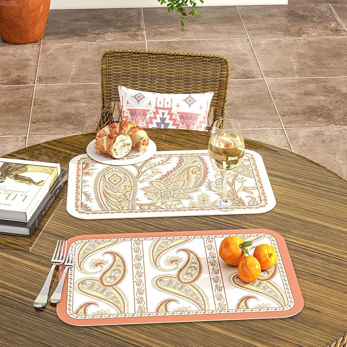 ISAENNE Designer Paisley PVC Placemats Set of 6, Red Classic Pattern Rectangular Placemat, Waterproof and Heat-Resistant Paisley Style,Decoration for Kitchen,Party,Dinning, New Year,12"*17"