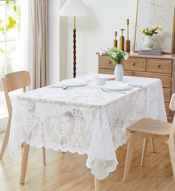 Warm Home Designs 60 x 104 Lace Tablecloth. White Rectangle Tablecloth with English Rose Design. Dining Table Cover for 8-10 Guests. (LTC White 104)