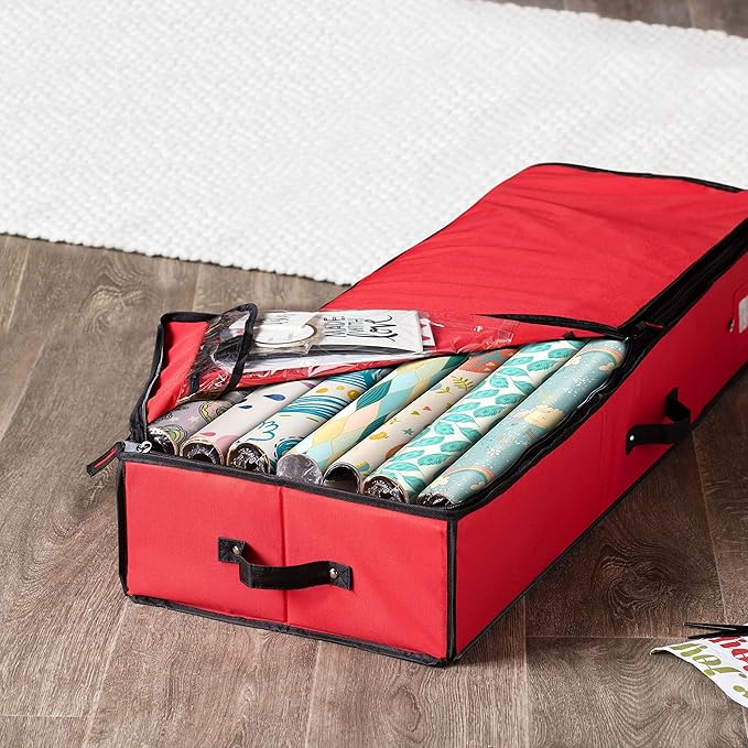 ZOBER Gift Wrapping Paper Organizer Storage - 40" Gift Wrap Storage Containers with Interior Pockets for Bows, Tags & Ribbons - Wrapping Paper Holder, 600D Oxford, Fits 24 Standard Rolls, Red/Black