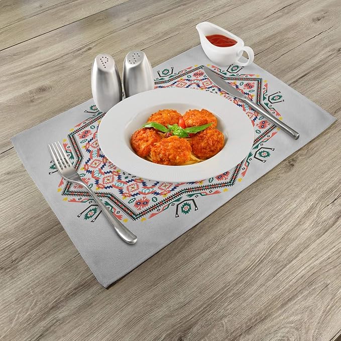 Ambesonne Tribal Place Mats Set of 4, Abstract Style Themed Boho Sun Pattern Art Print on Greyscale Background, Washable Fabric Placemats for Dining Table, Standard Size, Turquoise Coral