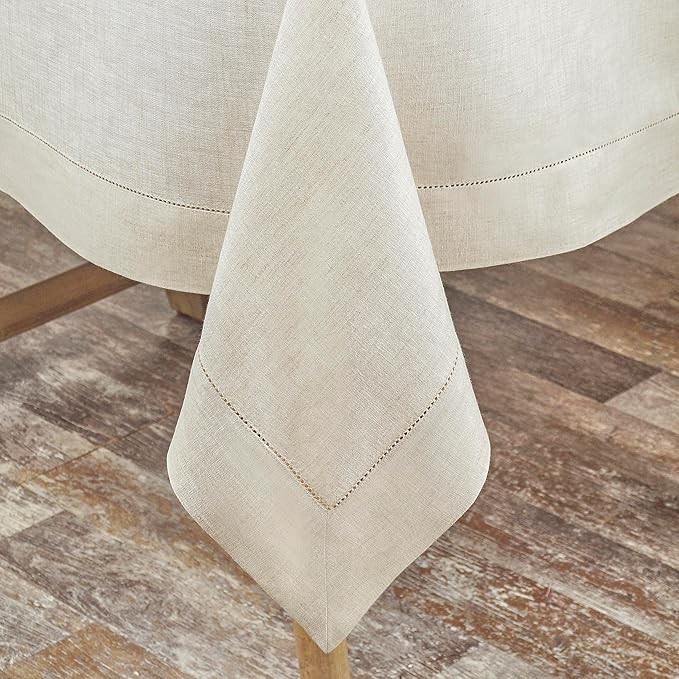 D'Moksha Homes Light Natural Linen Tablecloth for Rectangle Tables 60 x 102 Inch - Classic Hemstitch 100% Pure Linen Natural Table Cloth - Machine Washable Dining Tablecloth for Valentines, Easter