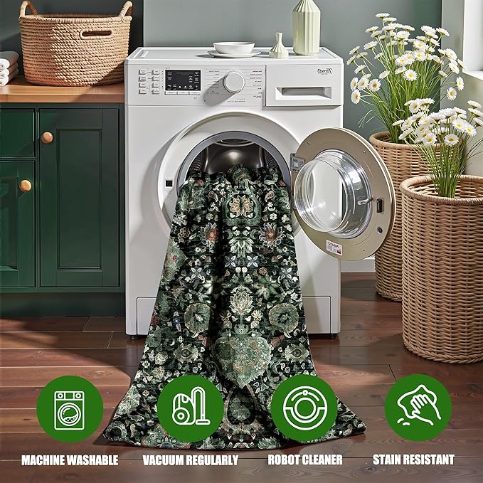 Runner Rugs 2x10 Boho Small Washable Area Rugs for Entryway Bathroom Kitchen, Long Rugs for Hallway Soft Low Pile Non-Slip Rubber Backing Oriental Dark Green