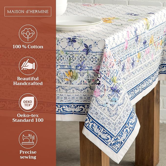 Maison d' Hermine Table Cloth Rectangle Table 100% Cotton 70 x 90 Inches Tablecloth Reusable Decorative for Dining Room Farmhouse Home Valentines Day Decorations Spring Summer - Faience