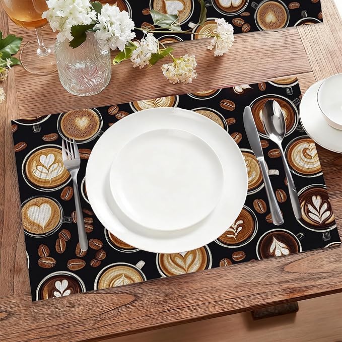Cloth Placemats,Coffee Theme Fabric Placemats Set of 6,Washable Coffee Beans Table Mats,Decorative Place Mats for Dining Home Kitchen Holiday Party 11.8x17.7 Inch