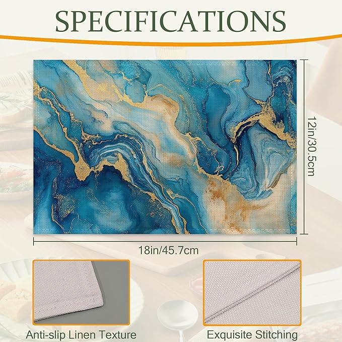 Blue Gold Marble Table Placemats Set of 6,Non-Slip Modern Abstract Fabric Placemats for Dining Room Kitchen Party Holiday, Indoor Cloth Table Mats for Home Decor 11.8x17.7 Inch