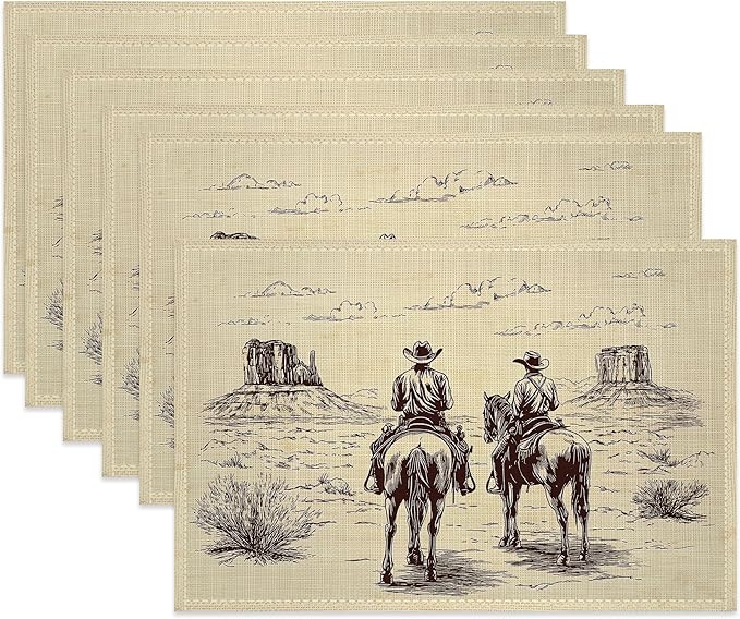 Cloth Placemats,Western Cow Boy Fabric Placemats Set of 6,Washable Retro Table Mats,Decorative Place Mats for Dining Home Kitchen Holiday Party 11.8x17.7 Inch