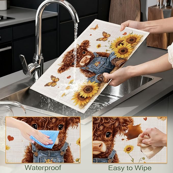 Cute Highland Cow Table Placemats Set of 6,Non-Slip Rustic Sunflower Butterfly Fabric Placemats for Dining Room Kitchen Party Holiday, Indoor Cloth Table Mats for Home Decor 11.8x17.7 Inch