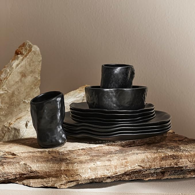 Stone by Mercer Project Atik Modern Stoneware 16-Piece Dinnerware Set, Plate and Bowl Set, Dish set for 4, Black