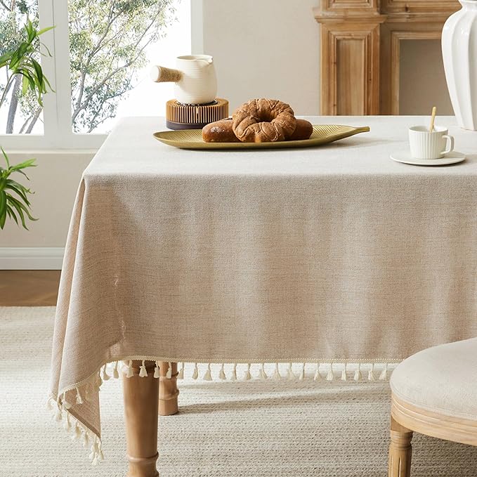Linen Tablecloth with Tassels, Farmhouse Style Beige Tablecloth, Water Resistant Burlap Tablecloths for Rectangle Table, 60x120 Inch Natural