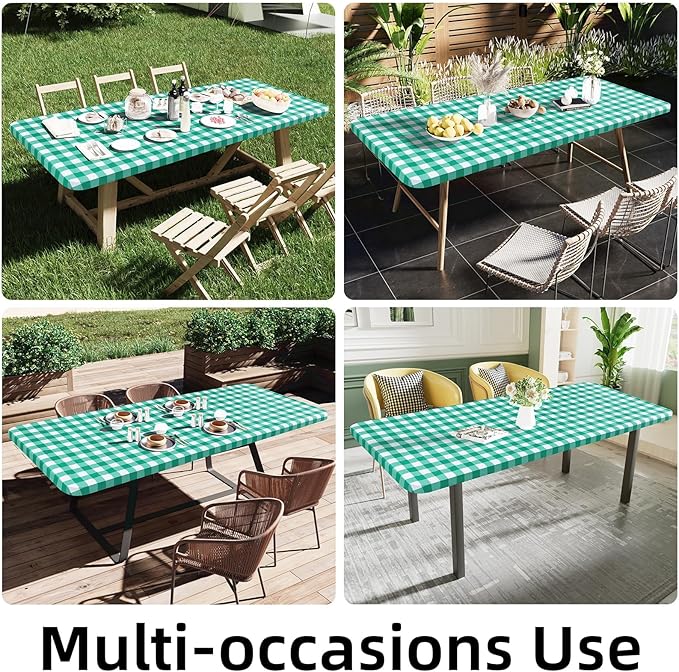 Smiry Rectangle Picnic Table Cloth, Elastic Waterproof Fitted Vinyl Tablecloths, Flannel Backed Buffalo Plaid Table Covers for Dining, Camping, Outdoor (White and Green, 36" x 72")