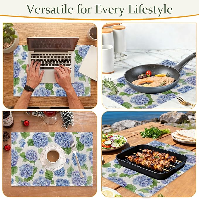 Blue Hydrangea Flower Fabric Placemats,Spring Floral Table Placemats Set of 6 Cloth Place Mats, Washable Heat-Resistant Table Mats for Home Kitchen Dining Room Decoration 11.8x17.7 Inch