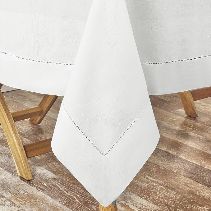 D'Moksha Homes White Linen Tablecloth for Rectangle Tables 60 x 132 Inch - 100% Pure Linen White Table Cloth - Classic Hemstitch, Machine Washable Dining Tablecloth for Valentines, Spring, Easter