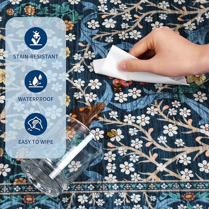 GarveeHome Floral Area Rugs 5x7, Dark Blue Washable Rug for Living Room, Bedroom, Low Pile Non Slip Stain Resistance Indoor Boho Carpet Mat for Farmhouse, Dining Room, Office