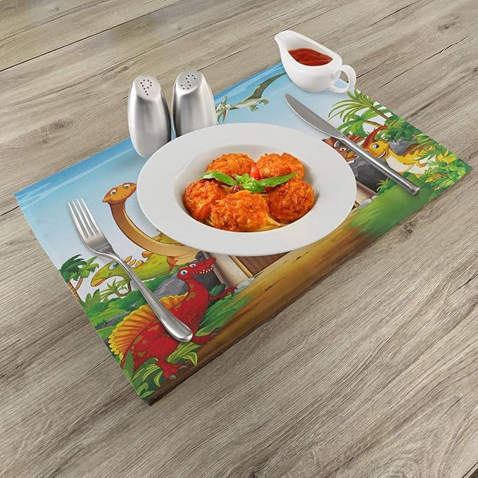 Ambesonne Dino Place Mats Set of 4, Cartoon Style Dinosaurs in a Dino Park Jungle Trees Wildlife Habitat Illustration, Washable Fabric Placemats for Dining Table, Standard Size, Rust Blue