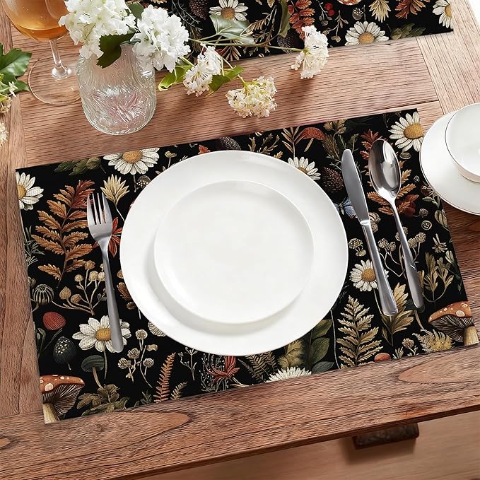 Cloth Placemats,Forest Mushroom Fabric Placemats Set of 6,Washable Rustic Herb Leaf Wildflower Table Mats,Decorative Place Mats for Dining Home Kitchen Holiday Party 11.8x17.7 Inch