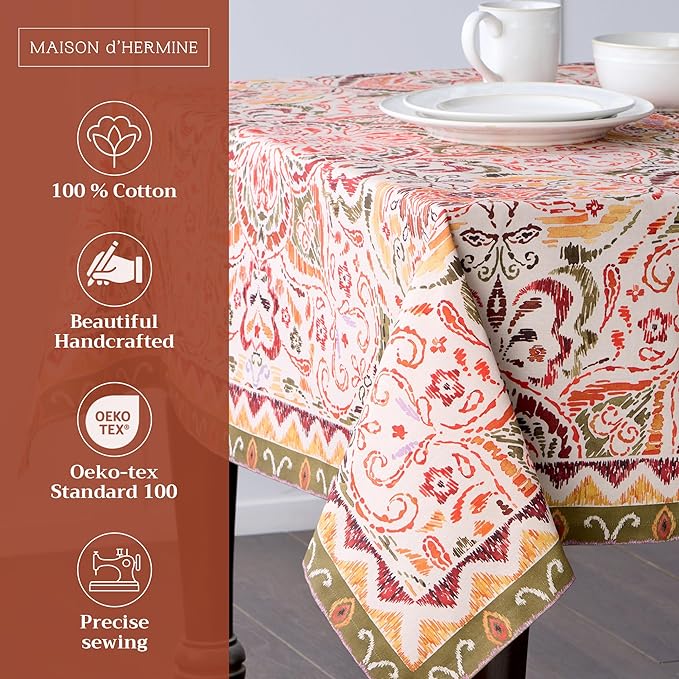 Maison d' Hermine Table Cloth Rectangle Table 100% Cotton 60 x 90 Inches Fall Tablecloth Reusable Everyday Use for Thanksgiving Christmas Decorations Dining Farmhouse Party (Damask)