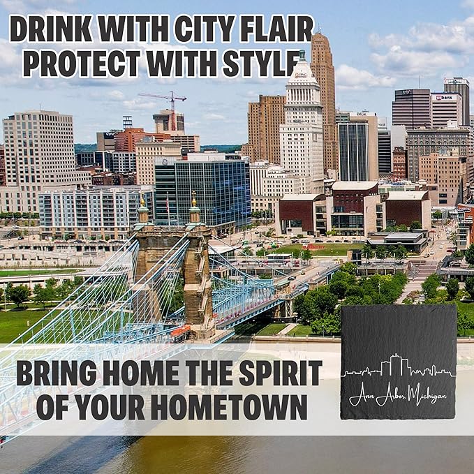 Blue Ridge Mountain Gifts - Ann Arbor MI Skyline Coasters, Set of 4 - Ann Arbor Michigan Souvenir, Slate Coasters with Minimalist Skyline, Housewarming Gift for Friends, Family, & Neighbors