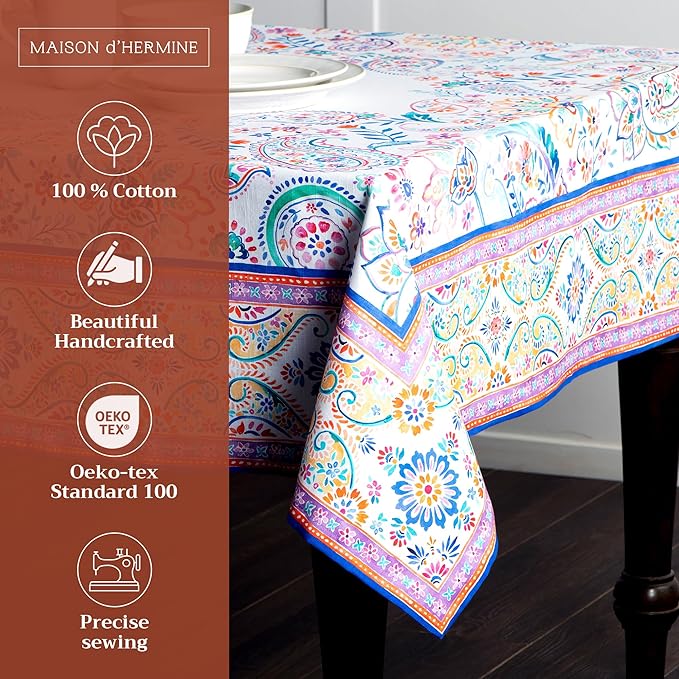Maison d' Hermine Table Cloth Rectangle Table 100% Cotton 70 x 120 Inches Tablecloth Reusable Decorative for Dining Room Farmhouse Home Valentines Day Decorations Spring Summer - Indian Floral
