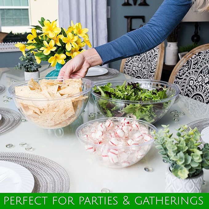 PLASTICPRO Disposable Round Crystal Clear Serving Bowls, Party Snack or Salad Bowl, Plastic Clear Chip Bowls, Party Snack Bowls, Candy Dish, Salad (2, 96 OUNCE)