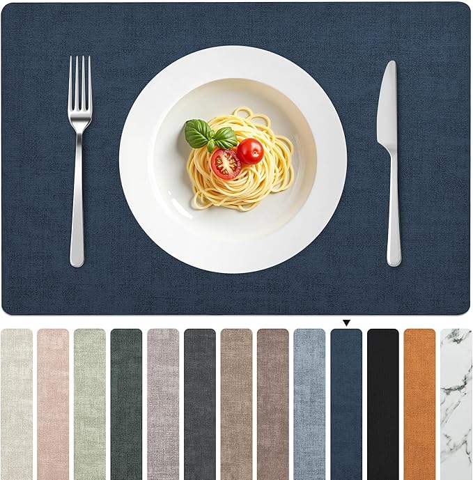 FROMHEART Faux Leather Placemats Set of 4–Waterproof,Heat/Oil Stain-Resistant PU Table Mat–Reversible,Non-Slip,Easy to Clean Place Mats for Kitchen,Dining,Indoor/Outdoor,(Dark Blue,11.8" x 17")