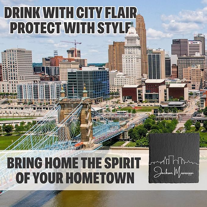 Blue Ridge Mountain Gifts - Jackson MI Skyline Coasters, Set of 4 - Jackson Mississippi Souvenir, Slate Coasters with Minimalist Skyline, Housewarming Gift for Friends, Family, & Neighbors