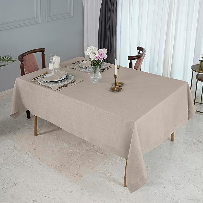 D'Moksha Homes Natural Linen Tablecloth 60 x 156 Inch - 100% Pure Linen Natural Tablecloth for Rectangle Tables - Classic Hemstitch, Machine Washable Table Cloth for Valentines, Spring, Easter