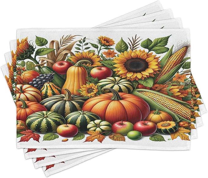 Ambesonne Fall Place Mats Set of 8, Pumpkins Apples and Sunflowers Harvest Time Composition Veggies Fruits, Washable Fabric Placemats for Dining Table, Placemat 8 pcs, Emerald Orange and Green