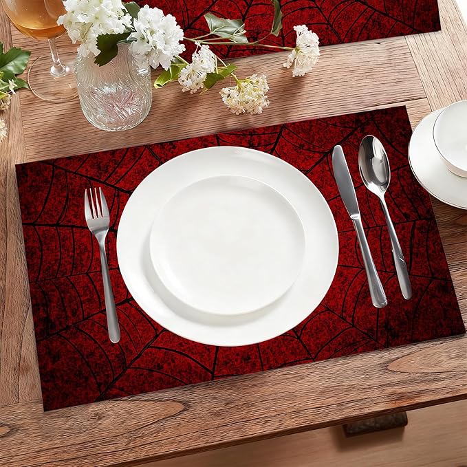 Cloth Placemats,Red Spider Web Fabric Placemats Set of 6,Washable Gothic Table Mats,Decorative Place Mats for Dining Home Kitchen Holiday Party 11.8x17.7 Inch
