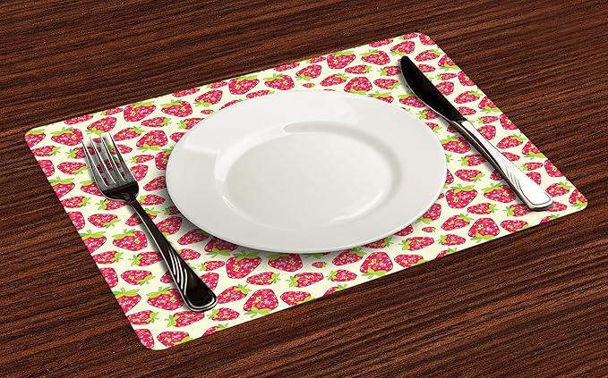 Ambesonne Strawberry Place Mats Set of 4, Tropical Summer Fruit Pattern Strawberry with Traditional Paisley Motifs, Washable Fabric Placemats for Dining Table, Standard Size, Dark Pink