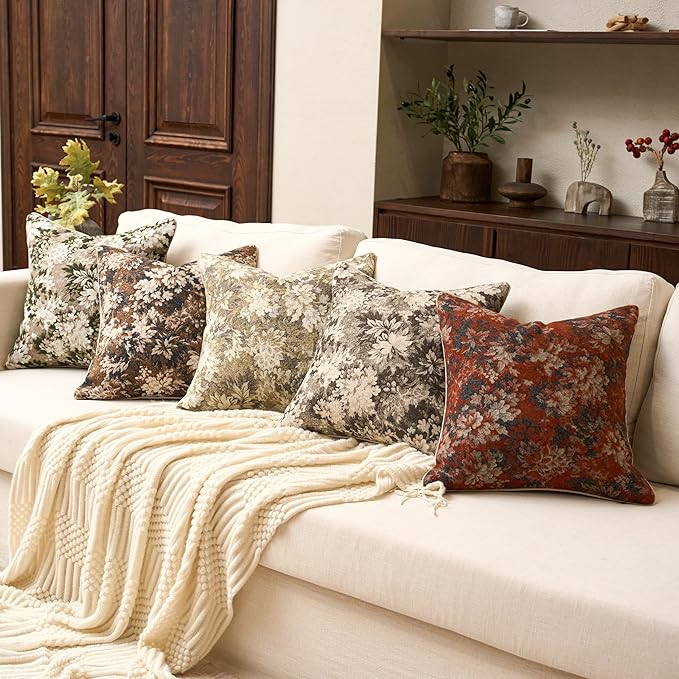 Yangest Neutral Floral Pillow Cover 24 x 24 Inches, Vintage Chenille Square Throw Pillow Cover Soft Decorative Farmhouse Accent Couch Pillow Cover for Living Room Bedroom, Grey