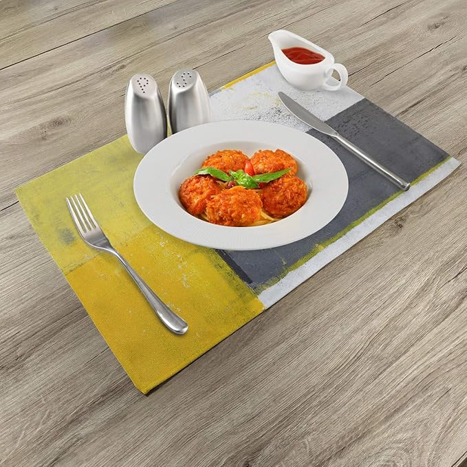Ambesonne Grey and Yellow Place Mats Set of 4, Street Art Modern Grunge Abstract Design Squares, Washable Fabric Placemats for Dining Table, Standard Size, Charcoal Yellow