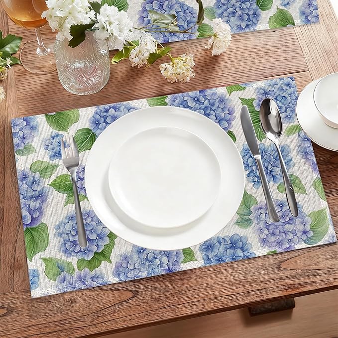 Blue Hydrangea Flower Fabric Placemats,Spring Floral Table Placemats Set of 6 Cloth Place Mats, Washable Heat-Resistant Table Mats for Home Kitchen Dining Room Decoration 11.8x17.7 Inch