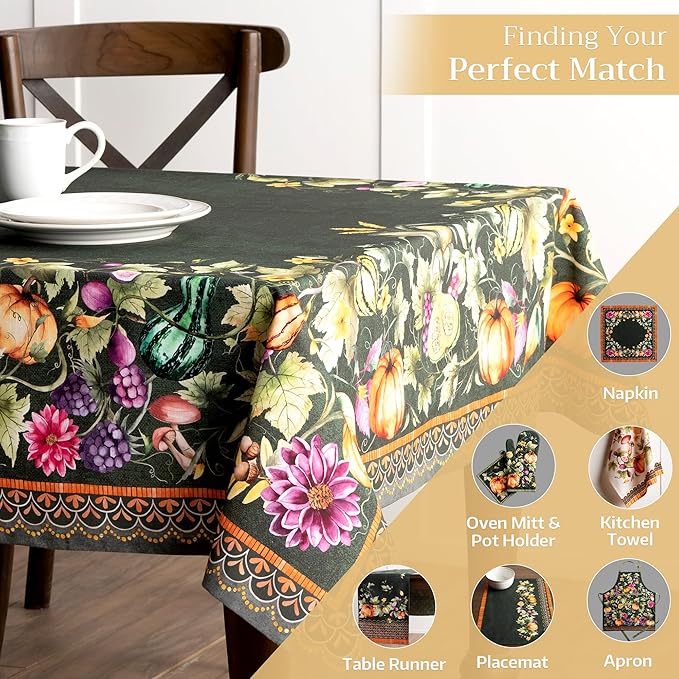 Maison d' Hermine Table Cloth Rectangle Table 100% Cotton 70 x 108 Inches Fall Tablecloth Reusable Everyday Use for Thanksgiving Christmas Decorations Dining Farmhouse (Pumpkin Garden - Dark Green)