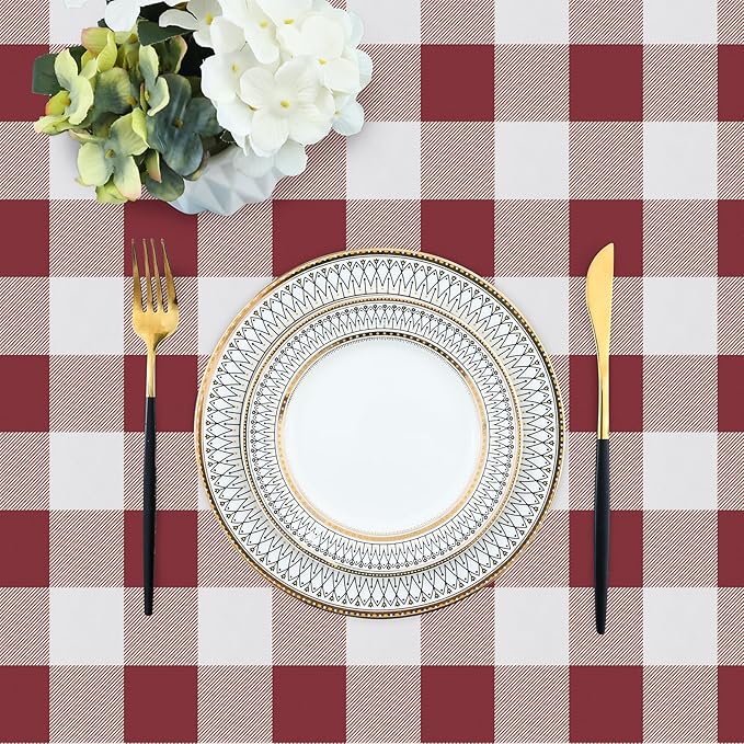 misaya Rectangle Waterproof Vinyl Table Cloth, Buffalo Flannel Backed Tablecloth, Wipeable Plastic Table Cover for Valentine's Day, Dinner, Kitchen, Outdoor (60" x 120", Burgundy and White)