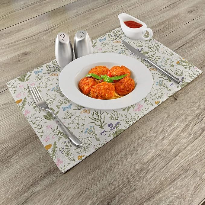 Ambesonne Floral Place Mats Set of 4, Vintage Garden Plants Herbs Flowers Botanical Classic Design Art, Washable Fabric Placemats for Dining Table, Standard Size, Reseda Green Beige